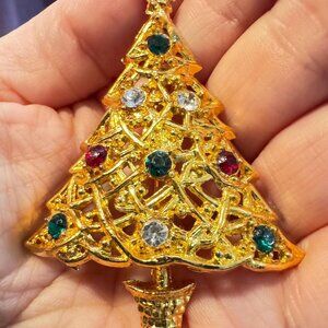 Vintage Gold Toned Christmas Tree Brooch with Rhinestones Holiday Pin 2.75 Inch